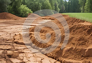 Pile of sandy soil near cultivation plot for farming.AI Generated